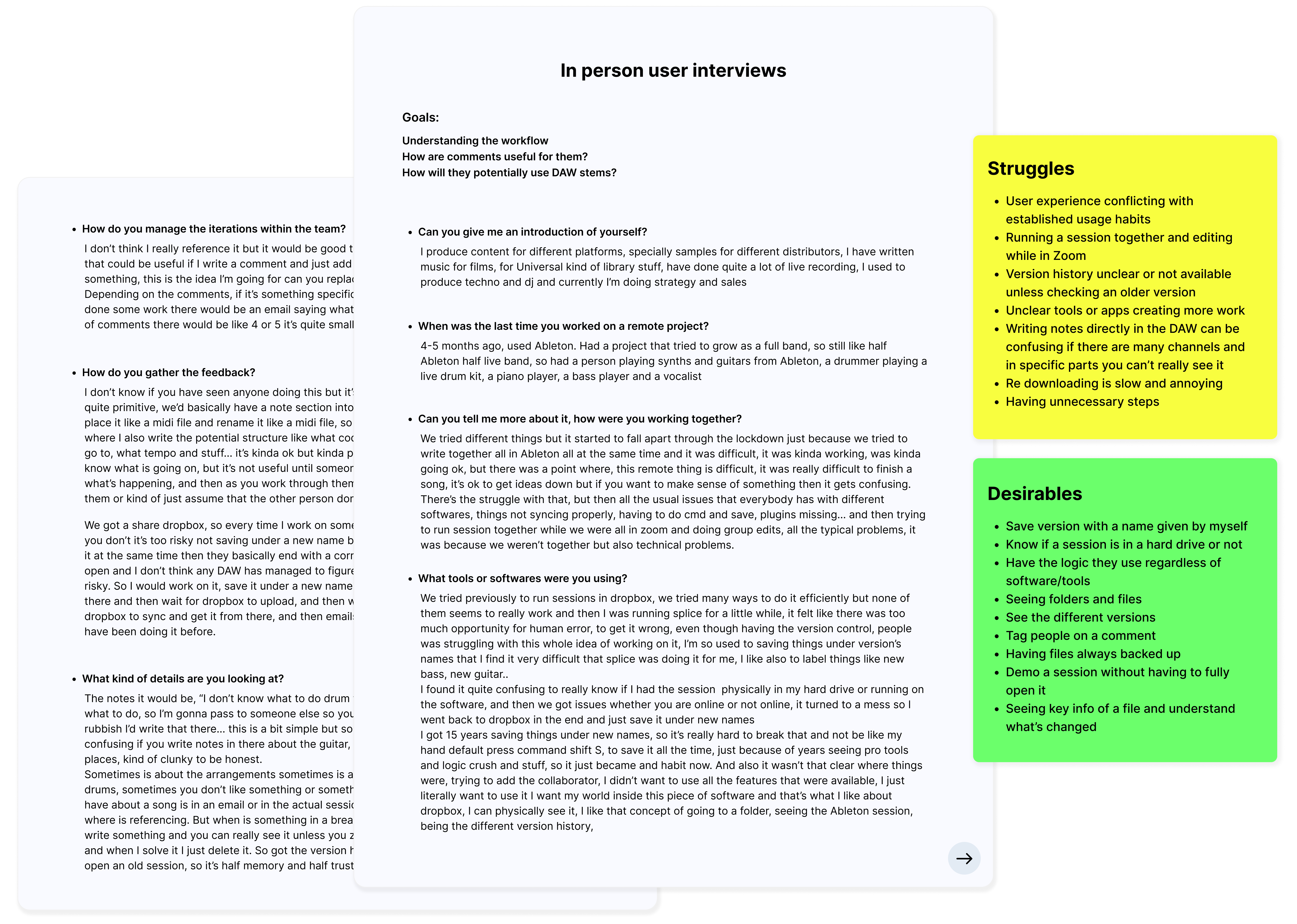 user interview sample of couple of questions and post it with struggles and desirables